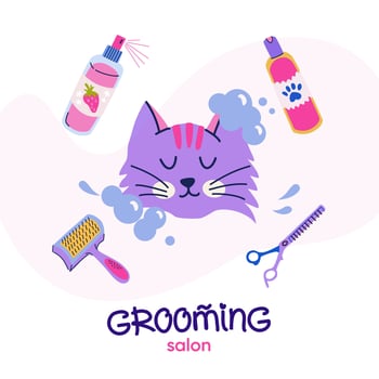 Grooming salon. Cute bathing cat in flat cartoon style. Slicker brush, blending scissors, shampoo for pet grooming. Vector logo design with handwritten typography for branding, banner, postcard