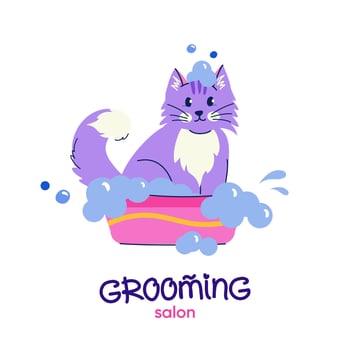 Grooming salon. Cute bathing cat in flat cartoon style. Vector logo design with handwritten typography for branding, banner, poster, postcard. Pet grooming concept