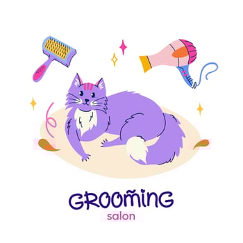 Grooming salon. Cute lying cat in flat cartoon style. Set of equipment and tools for pet grooming. Vector logo design with handwritten typography for banner, poster, postcard
