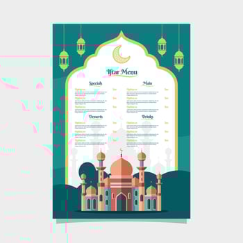 Arabic restaurant iftar menu. Ramadan islamic greeting card with mosque illustration vector