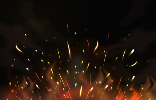 Realistic Flame Flare Fire Sparks on Dark Background. Flying up Sparks, Burning Fire Particles with Smoke Texture vector