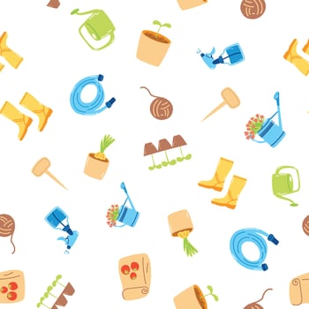 Seamless pattern with hand drawn gardening tools, agriculture equipment. Springtime wallpaper, horticulture concept vector