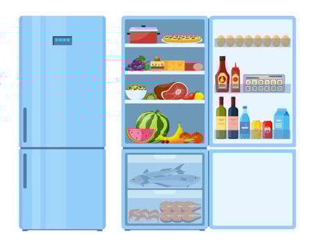 Fridge. Closed and open refrigerator. Blue fridge with healthy food, water, meet, vegetables, fruits. Vector Illustration.