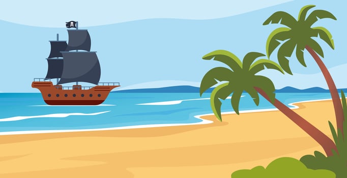Tropical island and pirate ship near the island. Sea landscape with sail boat with skull on black sails, palm trees on uninhabited island. Vector illustration.