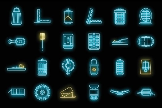 Hunter animal trap icons set vector neon