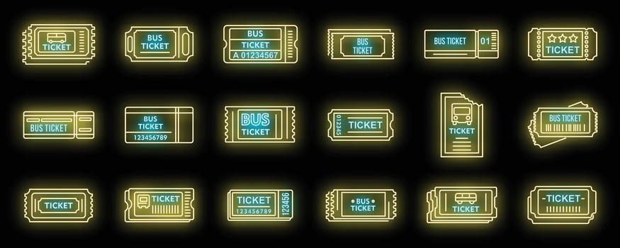 Bus ticketing card icons set vector neon