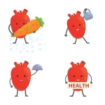 Cartoon heart icons set cartoon vector. Cute happy healthy heart organ vector