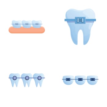 Teeth alignment icons set cartoon vector. Orthodontic brace system on teeth vector