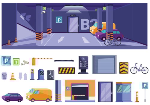 Underground parking lot icons set cartoon vector. Urban garage vector