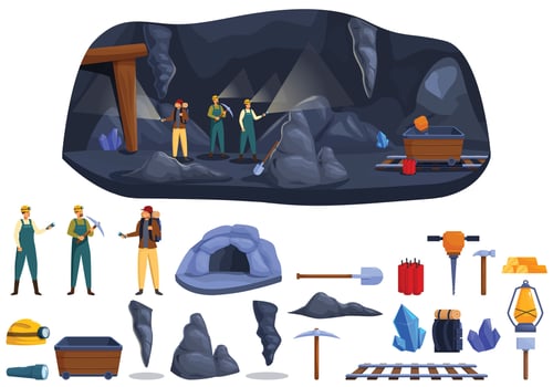 Man inside cave icons set cartoon vector. Traveler hiker vector