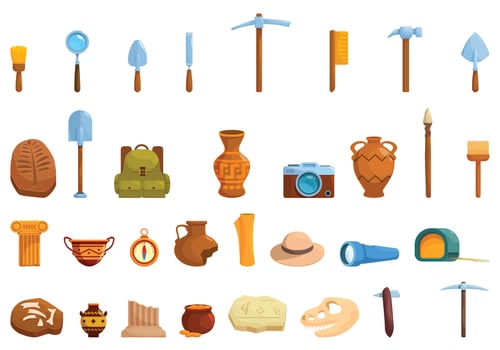 Excavation tools icons set cartoon vector. Ancient artifacts vector