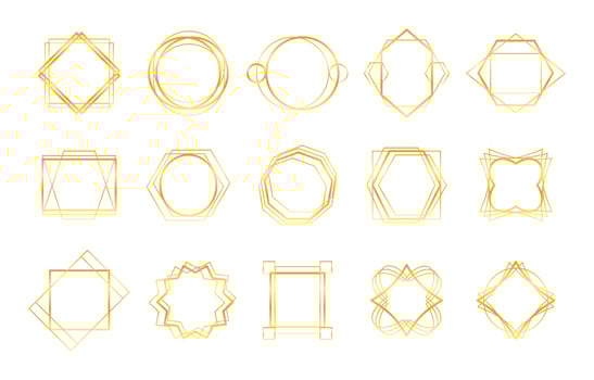 Set of geometric gold frame isolated on white. Luxury abstract design elements. Vector illustration