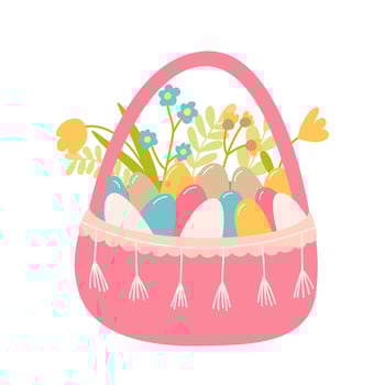 Pink basket with spring flowers and eggs vector illustration. Flat Easter basket isolated