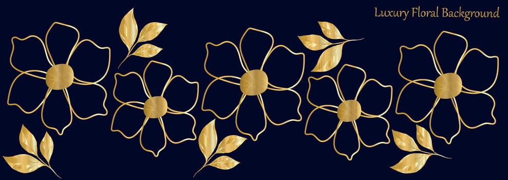 Luxury summer flower background vector. Elegant gradient gold floral line art, flowers on dark background. Oriental design for wedding invitation, cover, print, decoration, template. vector