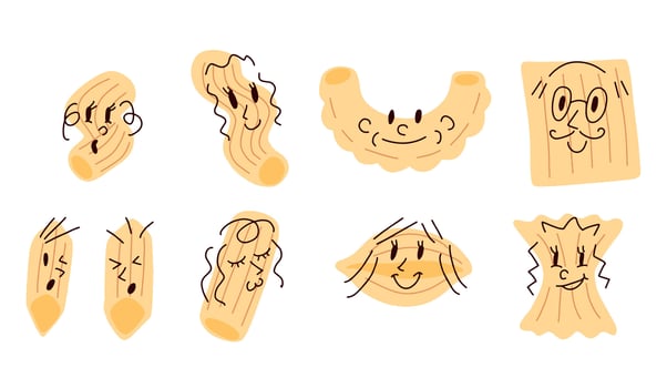 Pasta Character. Set of Smiling Kawaii happy face of spaghetti or italian macaroni food. Decoration for restaurant menu. Traditional ingredient mascot. Flat cartoon illustration vector