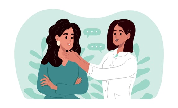 National Thyroid Awareness Month. Endocrinologist examining thyroid gland of woman. Endocrinologist deal with the diagnosis and treatment of the human thyroid gland. vector