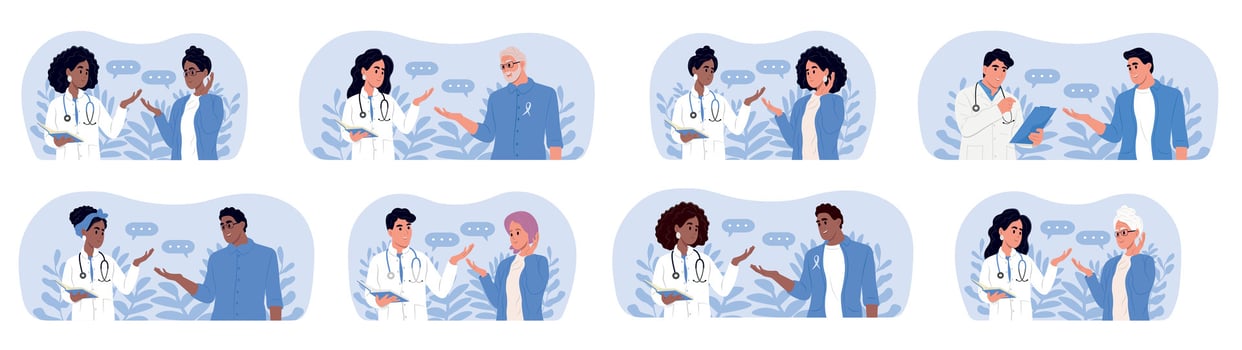 Doctors and patients of different races and ages. Male and female doctors talking to patients during consultation. vector