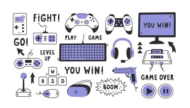 Video games doodle elements set vector