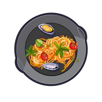 Italian food in a frying pan. Spaghetti with seafood. Appetizing healthy food. Healthy eating. vector