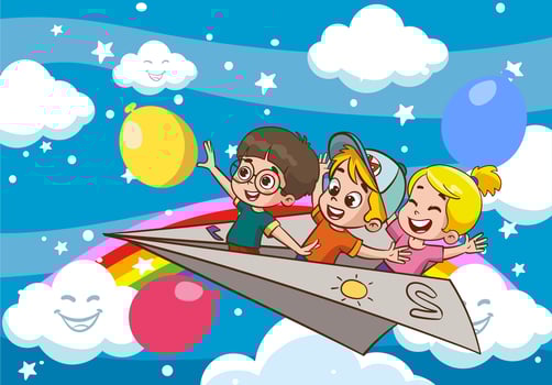Cartoon Kids Flying With Paper Plane.kids ride paper plane vector illustration