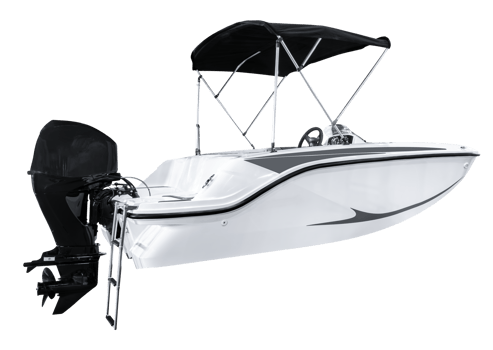 Side view white yacht with black outboard engine png