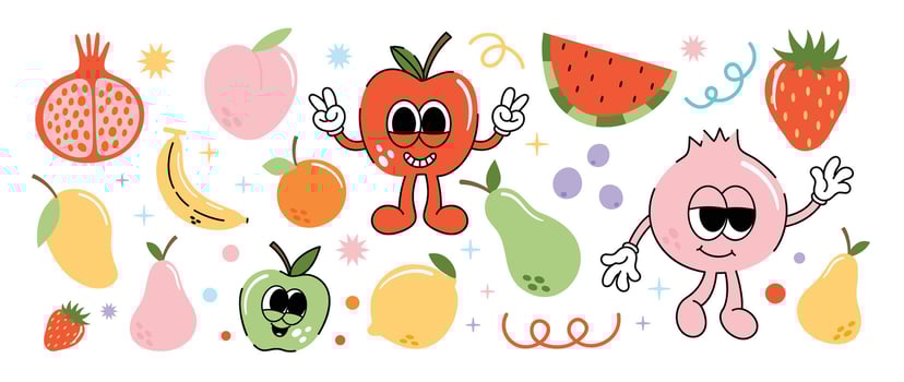 Set of fresh fruit groovy element vector. Funky fruits character design of banana, lemon, apple, strawberry, pomegranate. Summer juicy illustration for branding, sticker, fabric, clipart, ads. vector