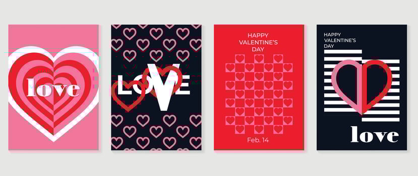 Happy Valentine's day love cover vector set. Romantic symbol wallpaper of geometric shape pattern, heart shaped icon. Love illustration for greeting card, web banner, package, cover, fabric.