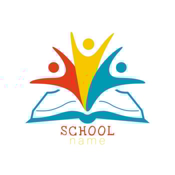 School logo, creative concept. Open book and positive students, colorful design. Isolated icon. Identity idea. Symbol of learning or reading. Schoolbook and funny kids. College sign. Education emblem. vector