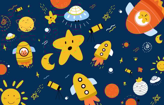 Seamless Nursery Abstract Pattern Childish Drawing with cute astronomy theme for nursery decor wallpaper textile print fabric wrapping paper vector