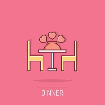 Romantic dinner icon in comic style. Cafe cartoon vector illustration on isolated background. Restaurant splash effect business concept.
