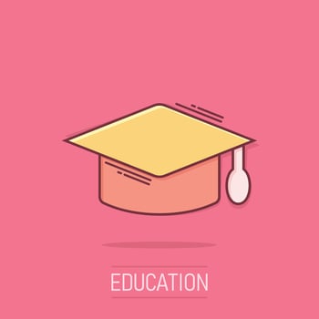 Graduation hat icon in comic style. Student cap cartoon vector illustration on isolated background. University splash effect business concept.