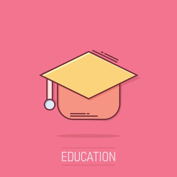 Graduation hat icon in comic style. Student cap cartoon vector illustration on isolated background. University splash effect business concept.