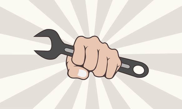 Worker hand holding wrench. Labor day concept. Vector illustration.