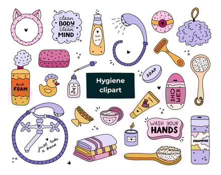 Cute hand drawn doodle set of hygiene items, bathroom and shower accessories. Products for skincare, beauty, body care, self love in trendy style. Soap, microfiber towel, shampoo, cream, duck, oil. vector
