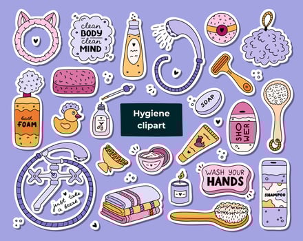 Big set of stickers with cute hygiene items, bathroom and shower accessories. Collection of hand drawn clipart with products for skincare, beauty and body care, self love in trendy doodlestyle. vector