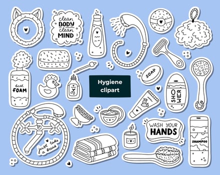 Big set of stickers with cute hygiene items, bathroom and shower accessories. Collection of hand drawn clipart with products for skincare, beauty and body care, self love in trendy doodlestyle. vector