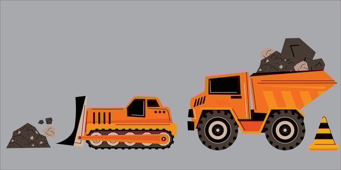 construction vehicles, building roads, bulldozers and material transport trucks. flat vector illustration.