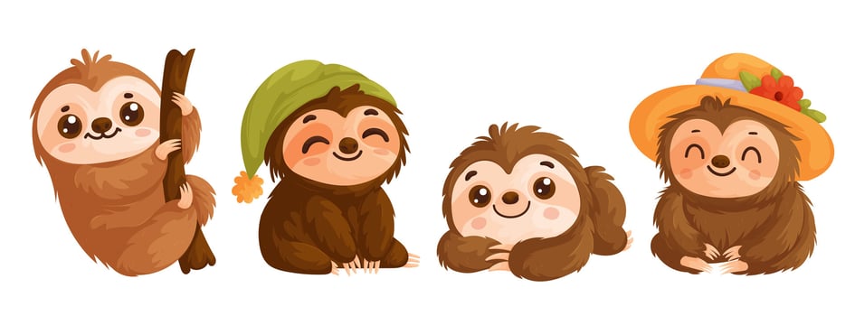 Set of four cute sloths. Brown and brown happy and cheerful sloth in different poses. Cartoon style. vector