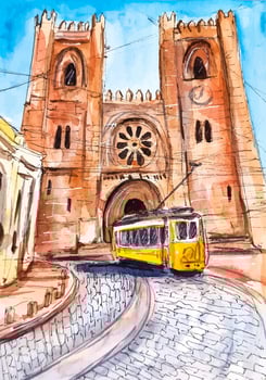 Travel handdrawn watercolor sketch in Portugal Lisbon famous Cathedral sight church illustration vector