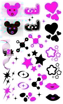 Set of retro futuristic elements. Y2k abstract geometric shapes and objects in pink and black colors vector