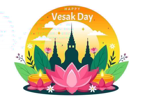 Vesak Day Celebration Vector Illustration with Temple Silhouette, Lotus Flower, Lantern or Buddha Person in Holiday Flat Cartoon Background