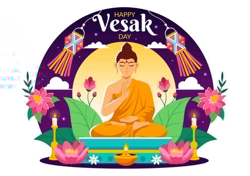 Vesak Day Celebration Vector Illustration with Temple Silhouette, Lotus Flower, Lantern or Buddha Person in Holiday Flat Cartoon Background