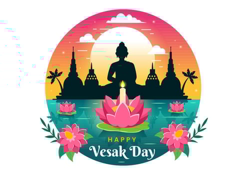 Vesak Day Celebration Vector Illustration with Temple Silhouette, Lotus Flower, Lantern or Buddha Person in Holiday Flat Cartoon Background