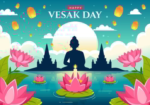 Vesak Day Celebration Vector Illustration with Temple Silhouette, Lotus Flower, Lantern or Buddha Person in Holiday Flat Cartoon Background