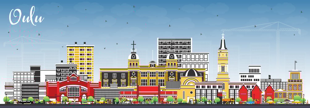 Oulu Finland city skyline with color buildings and blue sky. Oulu cityscape with landmarks. Business travel and tourism concept with modern and historic architecture. vector