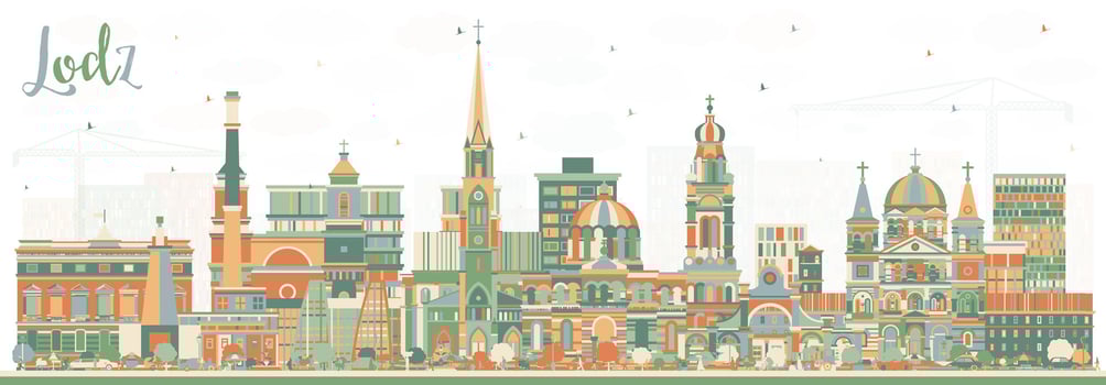 Lodz Poland City Skyline with Color Buildings. Illustration. Lodz Cityscape with Landmarks. Business Travel and Tourism Concept with Historic Architecture. vector