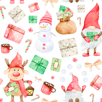 Christmas seamless pattern with Adorable Gnome, scandinavian elf, snowman, deer, giftbox, candy, New Year print. Watercolor hand drawn illustration for wrapping paper, textile, fabric png