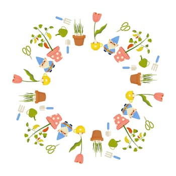 Garden round frame, ornament, spring. Planting plants, stock, garden gnome, plants. gardening. On white isolated background. vector
