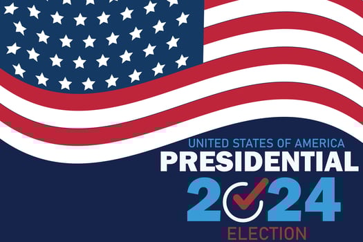 US Election 2024 campaign with USA flag. 2024 presidential election banner. Promo banner for presidential election 2024 with waving USA flag. US Election 2024 campaign vector