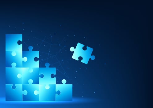 Jigsaw is being put together one piece at a time. Shows working together as a team. To plan a harmonious business strategy unity and cooperation and business growth goals vector